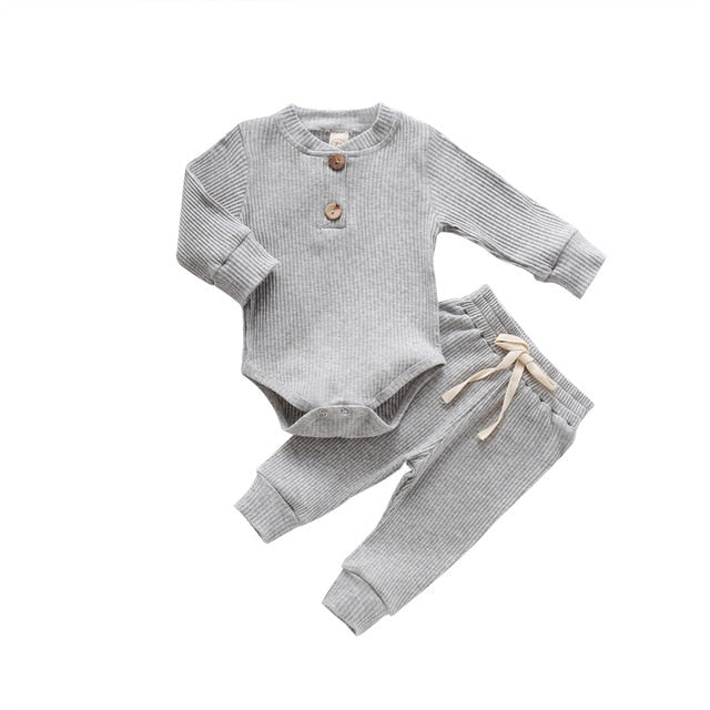 Infant Newborn Baby Girls Boys Spring Autumn Ribbed Solid Clothes Sets Long Sleeve Bodysuits + Elastic Pants 2PCs Solid Outfits