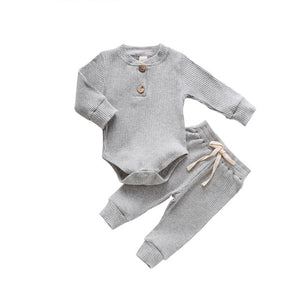 Infant Newborn Baby Girls Boys Spring Autumn Ribbed Solid Clothes Sets Long Sleeve Bodysuits + Elastic Pants 2PCs Solid Outfits