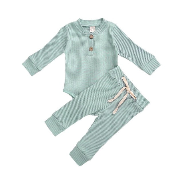 Infant Newborn Baby Girls Boys Spring Autumn Ribbed Solid Clothes Sets Long Sleeve Bodysuits + Elastic Pants 2PCs Solid Outfits