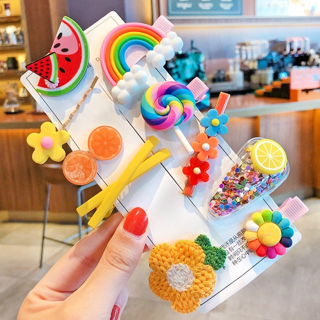 1 Set Children Cute Cartoon Flower Fruit Rubber Bands Hairpins Girls Lovely Gift Hair Clips Kids Hair Bands Hair Accessories