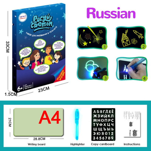 Magic Luminous Drawing Board Fluorescent Pen English Russian LED Light Painting Writing Tablet Educational Toys for Kids Gift