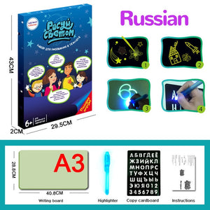 Magic Luminous Drawing Board Fluorescent Pen English Russian LED Light Painting Writing Tablet Educational Toys for Kids Gift