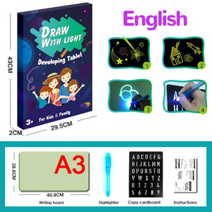 Magic Luminous Drawing Board Fluorescent Pen English Russian LED Light Painting Writing Tablet Educational Toys for Kids Gift