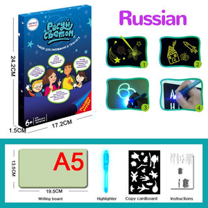 Magic Luminous Drawing Board Fluorescent Pen English Russian LED Light Painting Writing Tablet Educational Toys for Kids Gift
