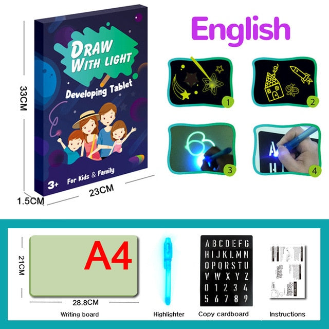 Magic Luminous Drawing Board Fluorescent Pen English Russian LED Light Painting Writing Tablet Educational Toys for Kids Gift