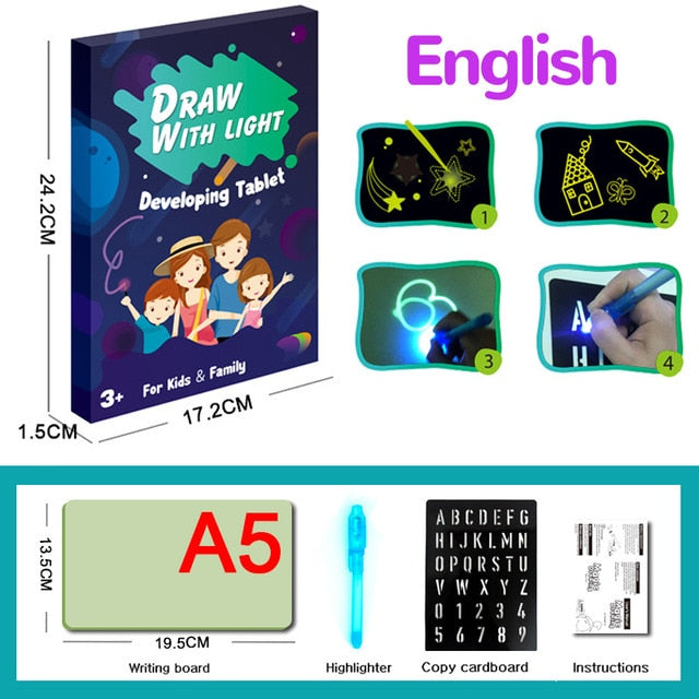 Magic Luminous Drawing Board Fluorescent Pen English Russian LED Light Painting Writing Tablet Educational Toys for Kids Gift