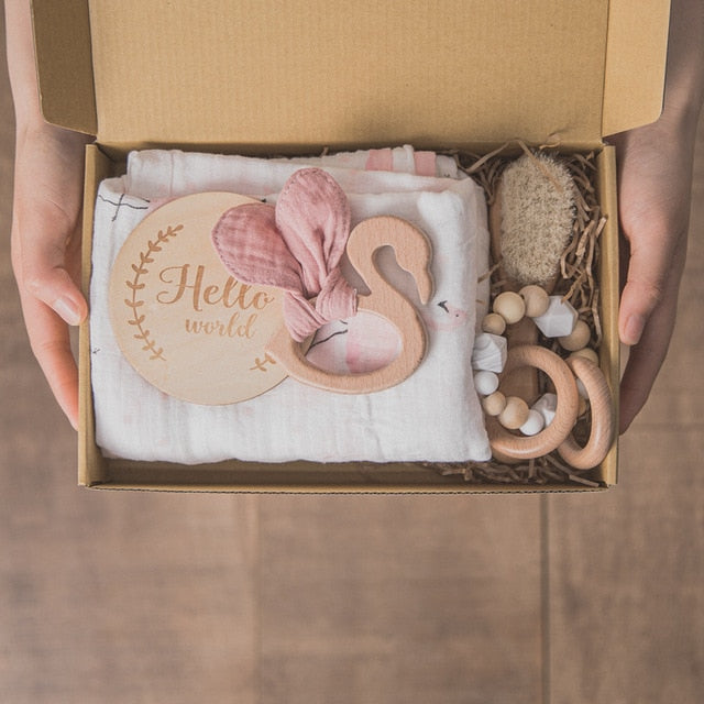 Baby Towel Newborn Bath Toy Set Double Sided Cotton Blanket Wooden Rattle Bracelet Crochet Toys Baby Bath Gift Products For Kids