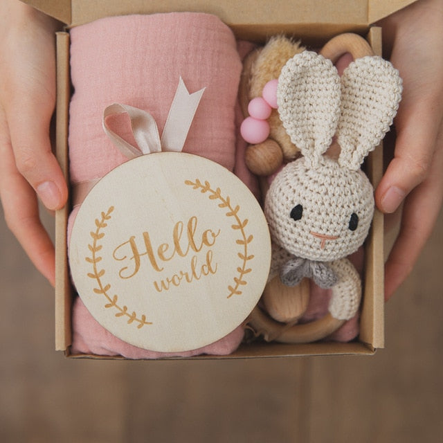 Baby Towel Newborn Bath Toy Set Double Sided Cotton Blanket Wooden Rattle Bracelet Crochet Toys Baby Bath Gift Products For Kids