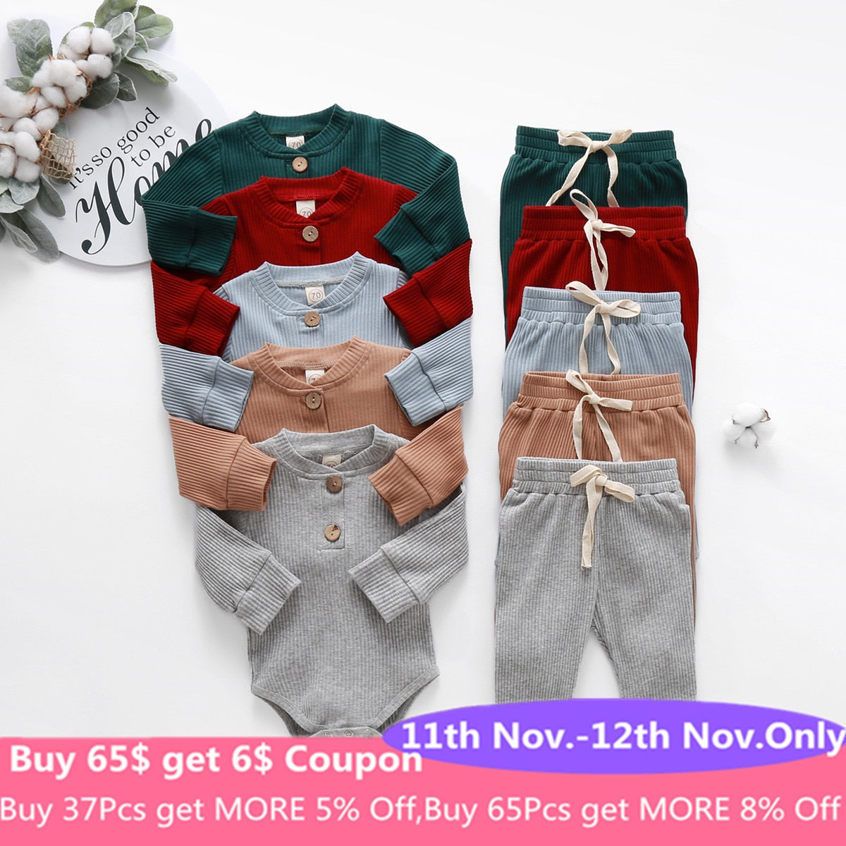 Infant Newborn Baby Girls Boys Spring Autumn Ribbed Solid Clothes Sets Long Sleeve Bodysuits + Elastic Pants 2PCs Solid Outfits