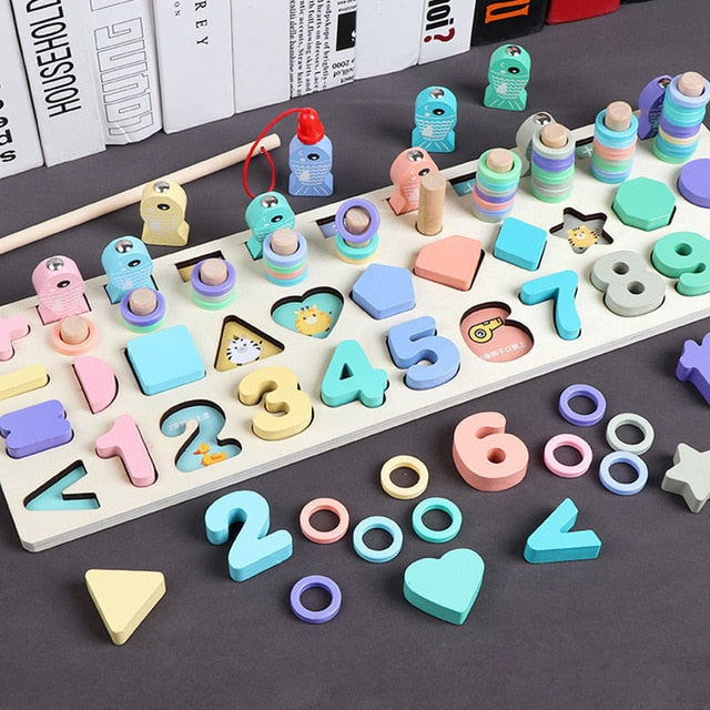 Wooden Montessori Toys For Kids Busy Board Math Fishing Counting Geometric Figures Matching Board Educational Children Toy Gift