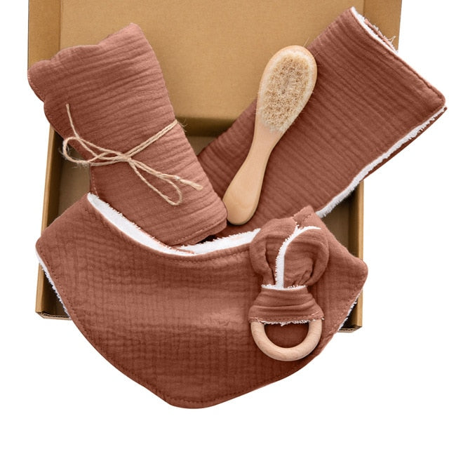 Baby Towel Newborn Bath Toy Set Double Sided Cotton Blanket Wooden Rattle Bracelet Crochet Toys Baby Bath Gift Products For Kids