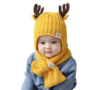 Doitbest hats for children kids baby Beanie little deer kid boys Knit hats winter 2 pcs fur boys girls winter hat and scarf