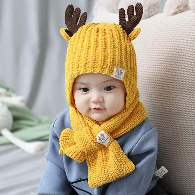 Doitbest hats for children kids baby Beanie little deer kid boys Knit hats winter 2 pcs fur boys girls winter hat and scarf