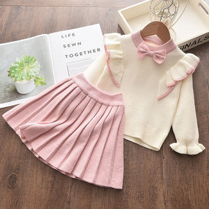 Girls Winter Clothes Set Long Sleeve Sweater Shirt Skirt 2 Pcs Clothing Suit Bow Baby Outfits for Kids Girls Clothes