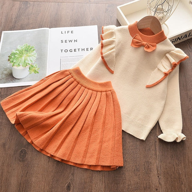 Girls Winter Clothes Set Long Sleeve Sweater Shirt Skirt 2 Pcs Clothing Suit Bow Baby Outfits for Kids Girls Clothes