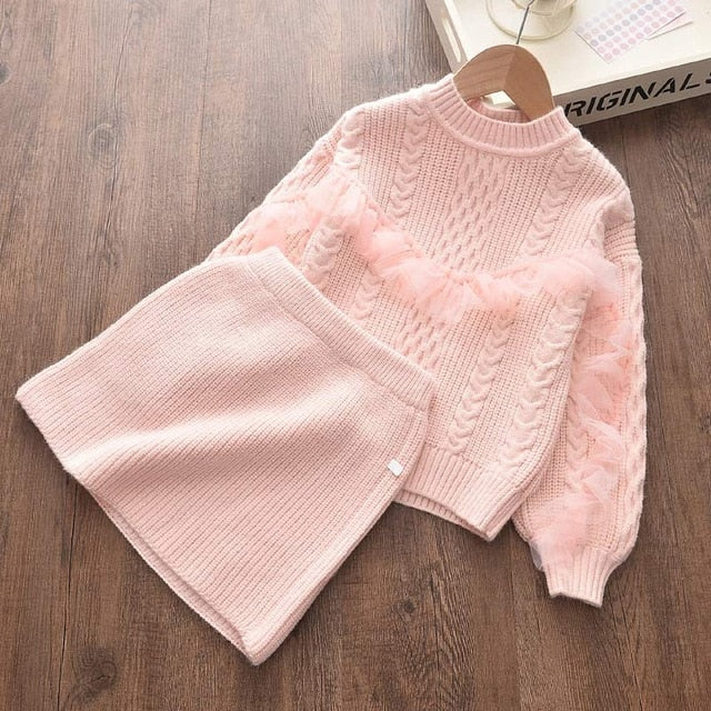 Girls Winter Clothes Set Long Sleeve Sweater Shirt Skirt 2 Pcs Clothing Suit Bow Baby Outfits for Kids Girls Clothes