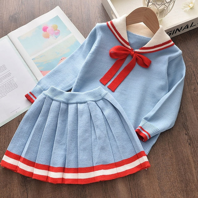 Girls Winter Clothes Set Long Sleeve Sweater Shirt Skirt 2 Pcs Clothing Suit Bow Baby Outfits for Kids Girls Clothes