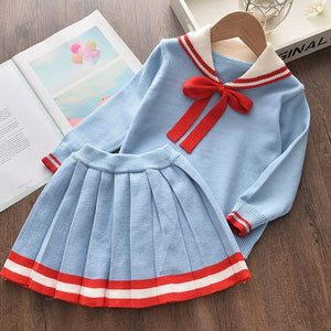 Girls Winter Clothes Set Long Sleeve Sweater Shirt Skirt 2 Pcs Clothing Suit Bow Baby Outfits for Kids Girls Clothes