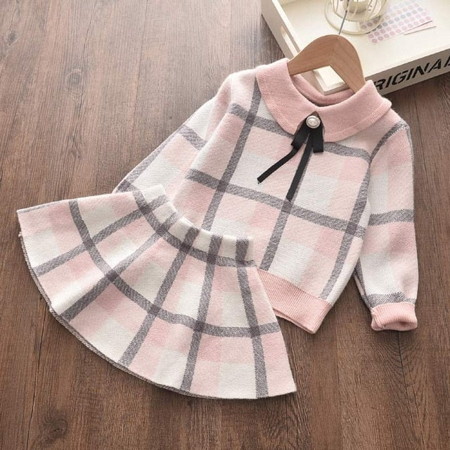 Girls Winter Clothes Set Long Sleeve Sweater Shirt Skirt 2 Pcs Clothing Suit Bow Baby Outfits for Kids Girls Clothes