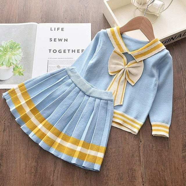 Girls Winter Clothes Set Long Sleeve Sweater Shirt Skirt 2 Pcs Clothing Suit Bow Baby Outfits for Kids Girls Clothes