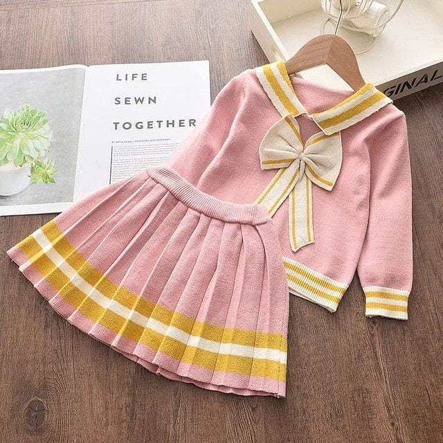 Girls Winter Clothes Set Long Sleeve Sweater Shirt Skirt 2 Pcs Clothing Suit Bow Baby Outfits for Kids Girls Clothes